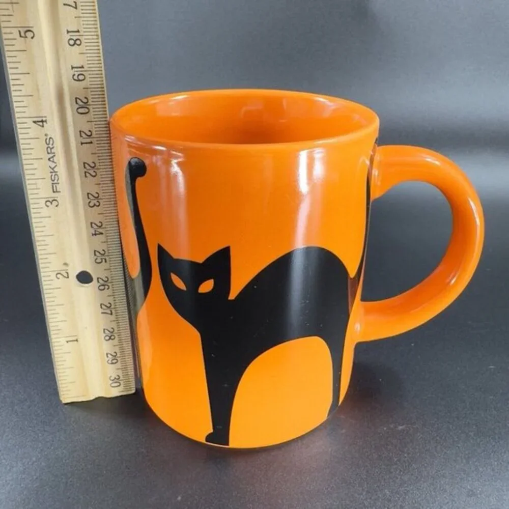 Crate & Barrel Orange Coffee Mug Cup Purple Black Halloween Cats Ceramic Set‎ 2